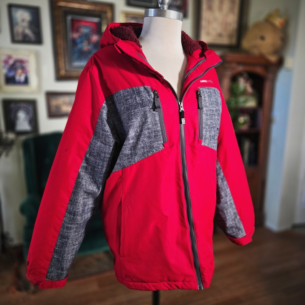 Swiss Tech Mens Red Gray Hooded Winter Jacket Sherpa Zip Up Outdoor XXL Youth 18